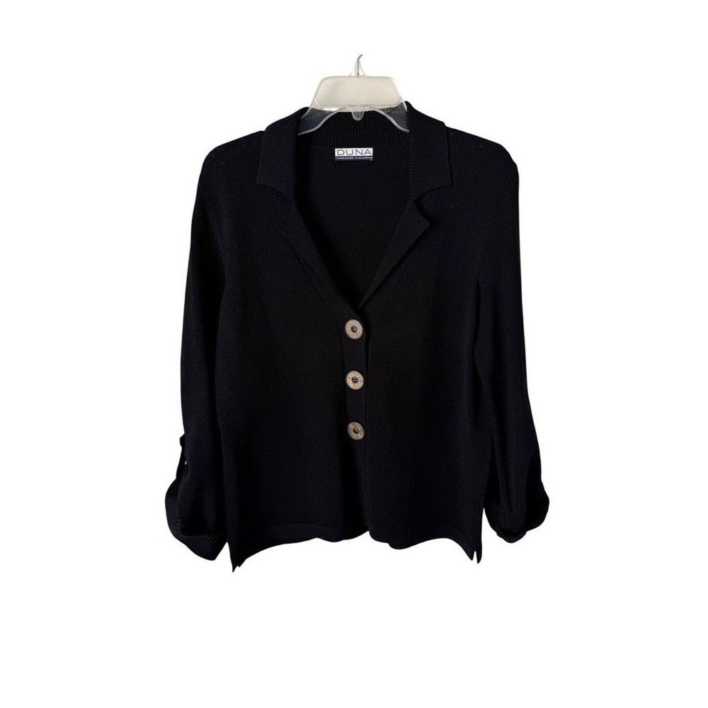 Duna Handloomed In California Button Front Black Cardigan Relaxed Elite Stretch